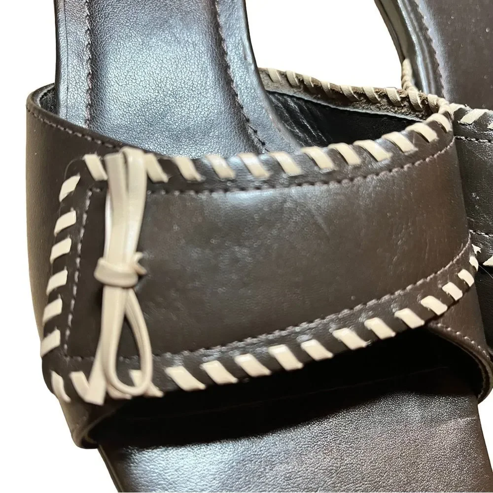 LOFT Dark Brown Heeled Mules Slides Cream Stitching Leather size 7 Classy